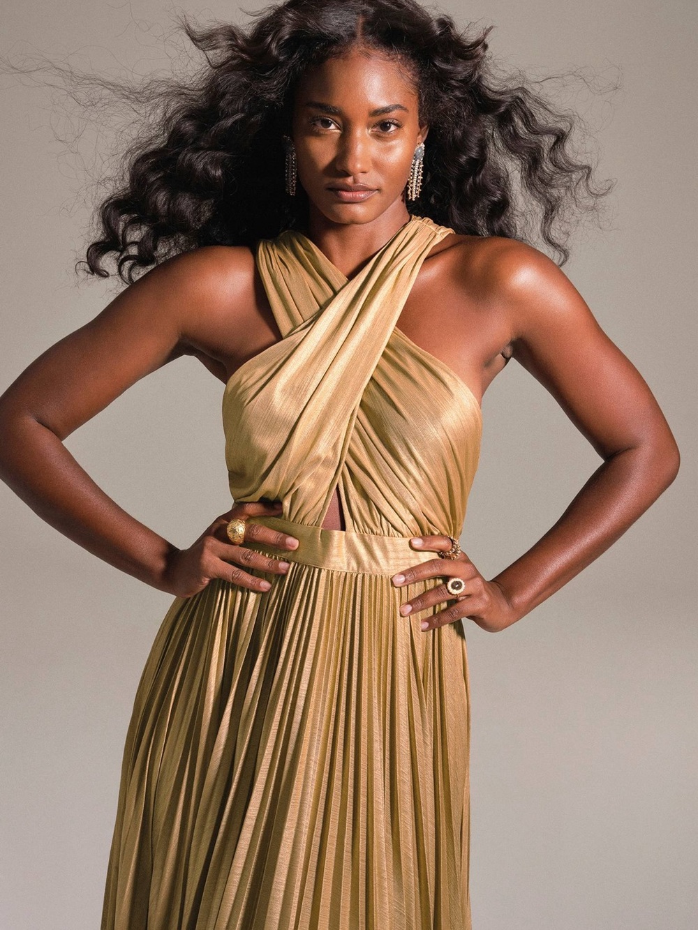 Anthropologie Gold Halter Twist Pleated Maxi Dress